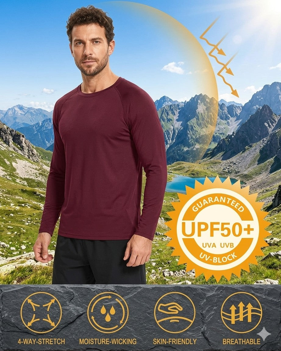 Man wearing a maroon long-sleeve shirt with mountainous landscape and UPF50+ badge in the background