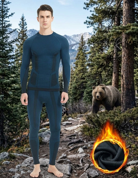 Man wearing a thermal underwear set in a forest with a bear in the background big green bear