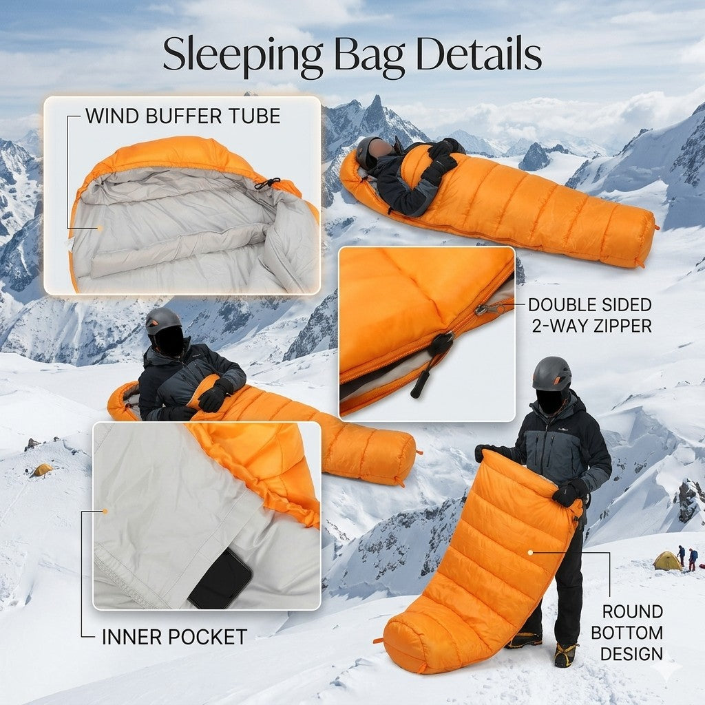 Orange sleeping bag with features highlighted against a snowy mountain background