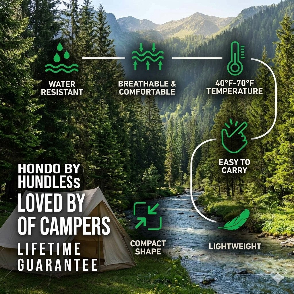 Camping tent with features listed against a scenic mountain backdrop