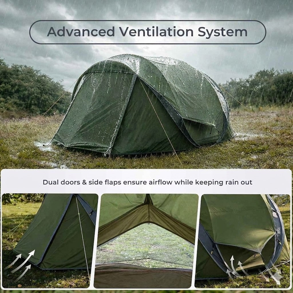 Green tent with advanced ventilation system in a rainy outdoor setting