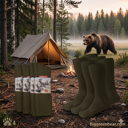 Camping scene with a tent, bear, and Big Green Bear products.
