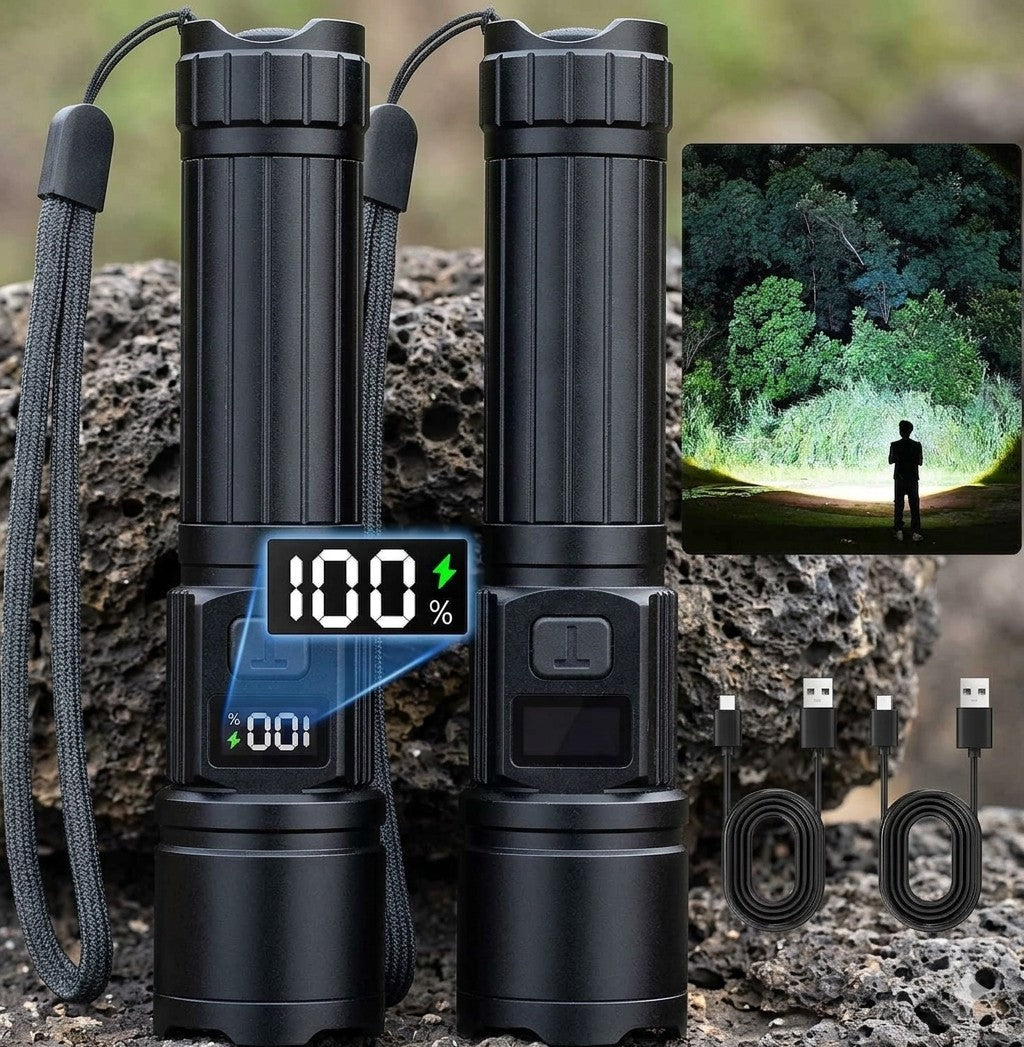 Two black flashlights with digital display on a rocky surface, with a inset showing a person in a forest. Big Green Bear