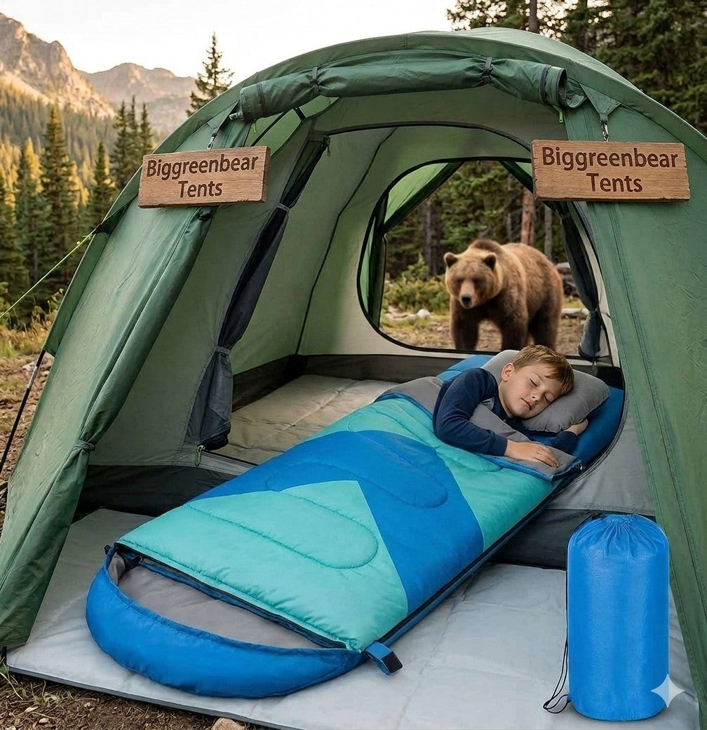 Child sleeping in a green tent with a bear outside, branded 'Biggreenbear Tents'.