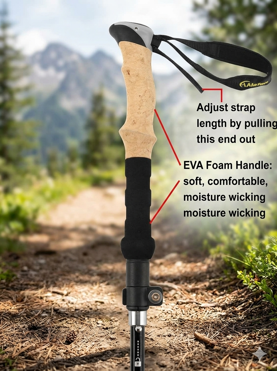 A hiking pole with a cork-textured handle and black foam grip stands upright on a forest trail, with overlaid callouts explaining strap adjustment and EVA foam handle comfort. The background is a blurred mountain path.
