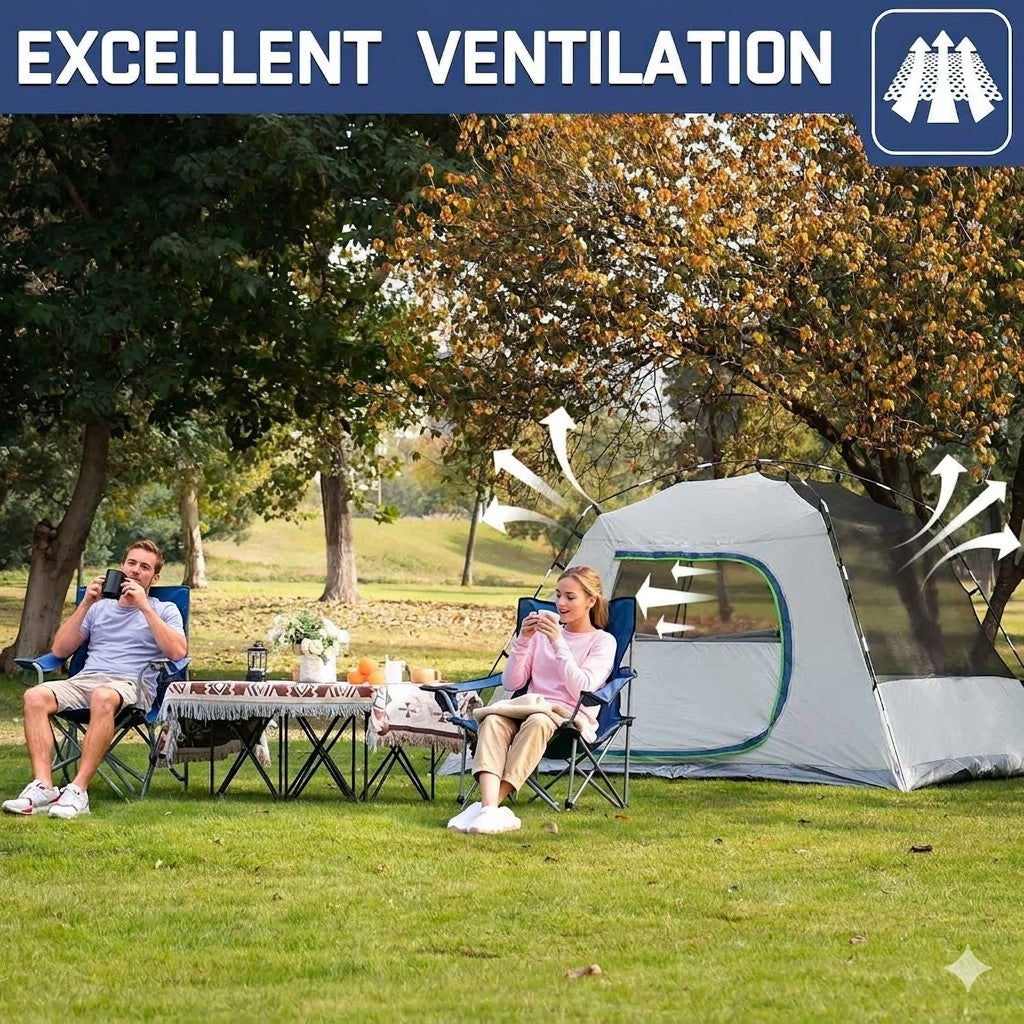 Two people sitting in front of a tent with excellent ventilation text and logo.