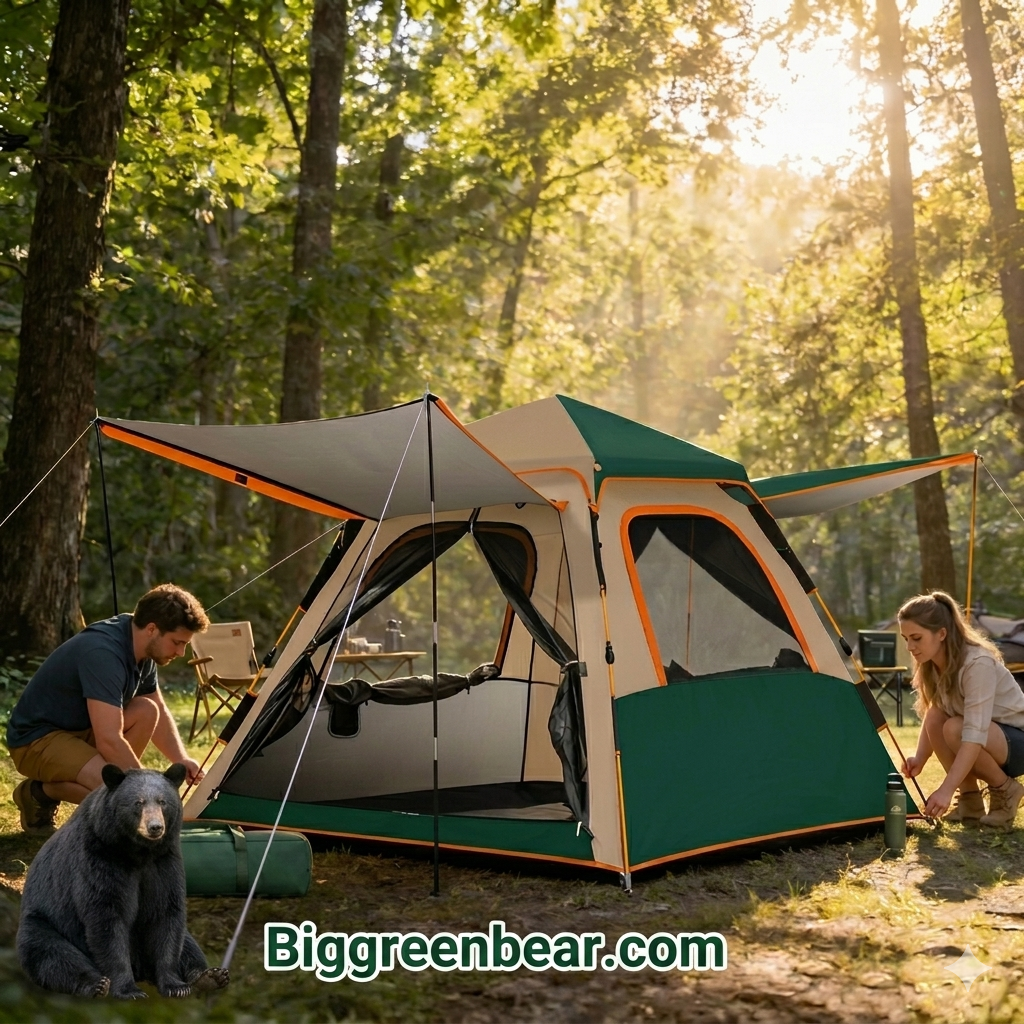 Two people setting up a green and orange tent in a forest with a bear nearby, featuring Biggreenbear.com branding.
