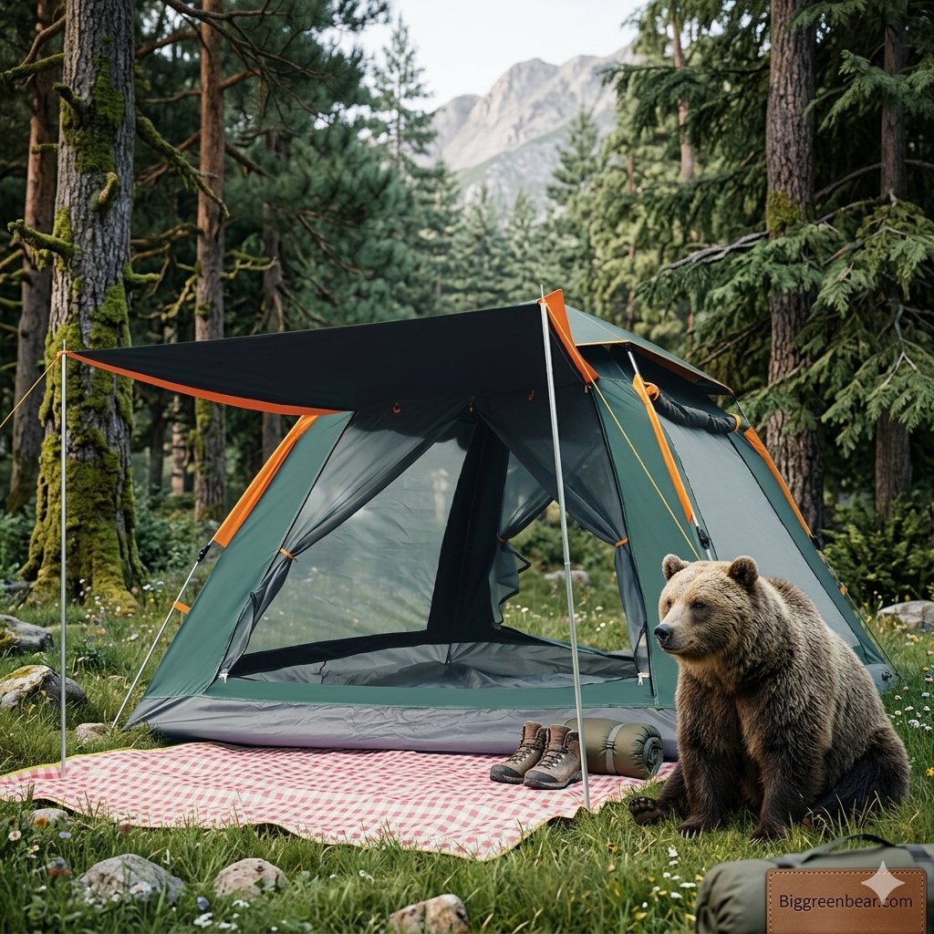 Bear sitting next to a tent in a forest setting