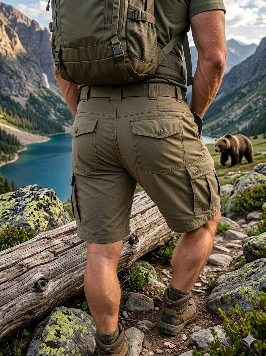 "Close-up of the back of Men's Tactical Work Shorts showing the partial elastic waistband and reinforced button-flap rear pockets for outdoor durability."