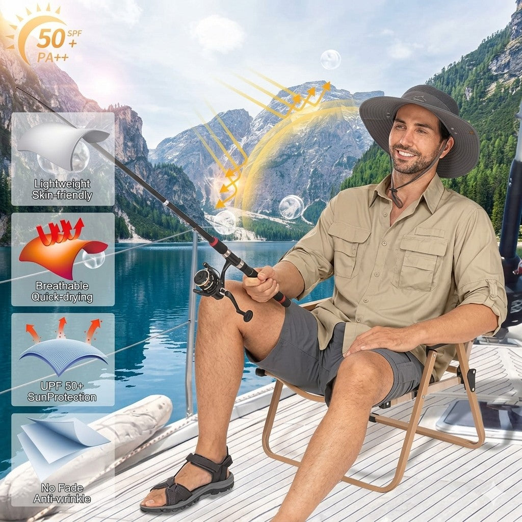 Man sitting on a dock by a lake with mountains in the background, holding a fishing rod.