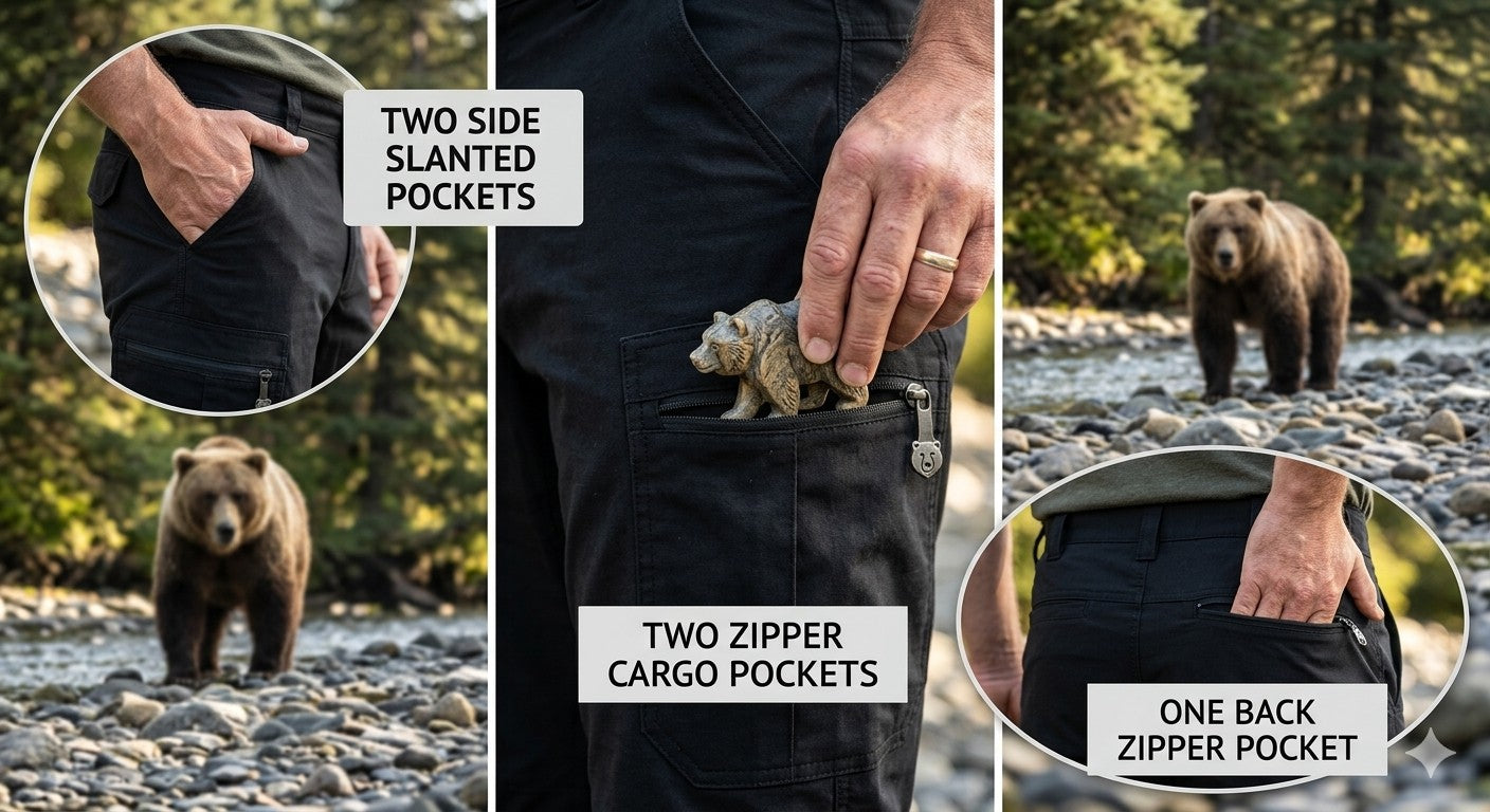 Pants with side slant pockets, zipper cargo pockets, and a back zipper pocket, shown with a bear in the background.