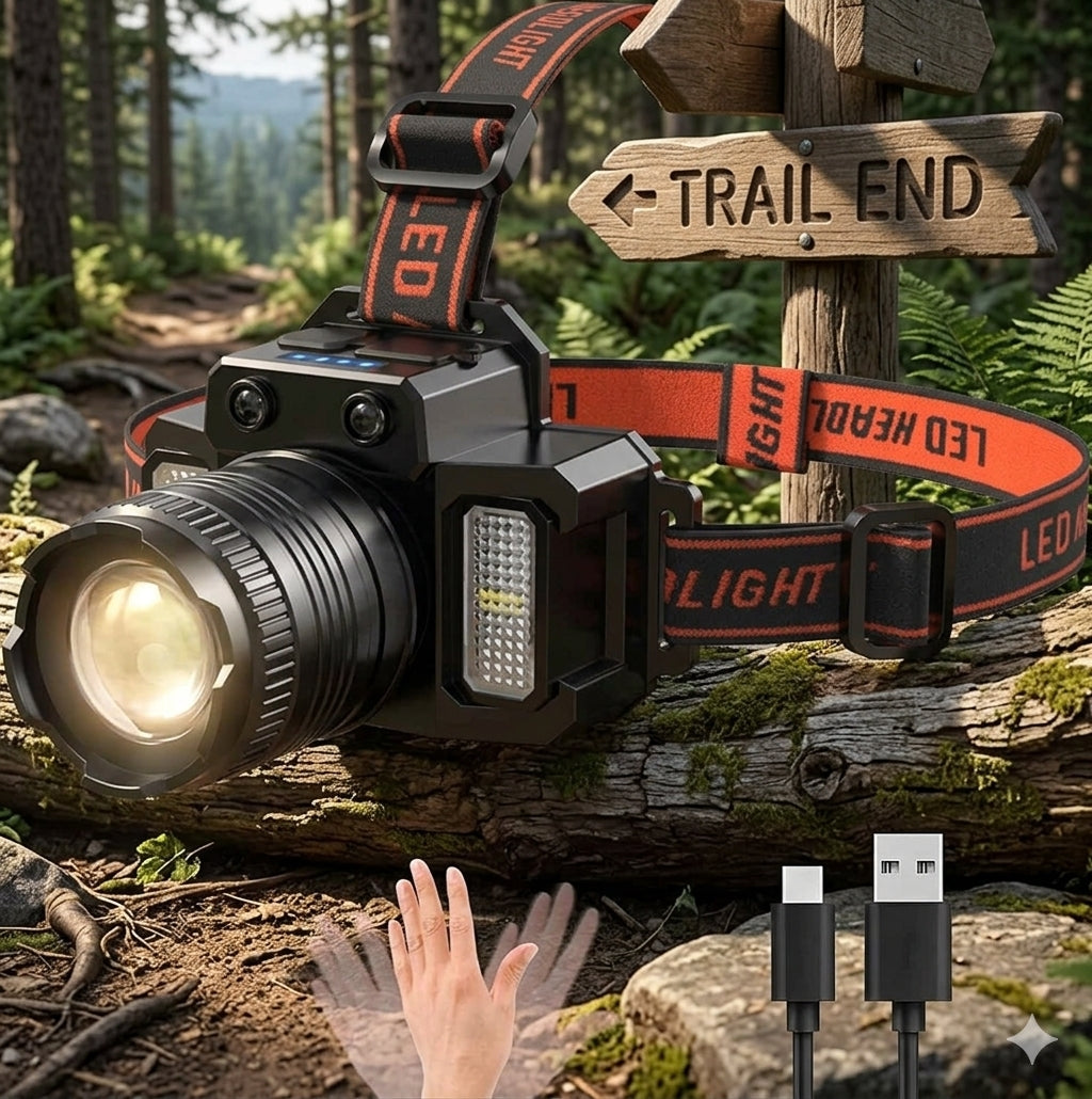 Black tactical LED headlamp with an orange and black adjustable strap, shown in a forest setting with a trail sign and a hand demonstrating the magnetic fit. USB charging cables are shown in the bottom right corner.
