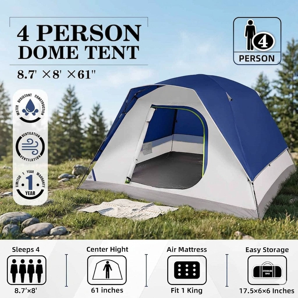 4-person dome tent with specifications and features displayed on a grassy background