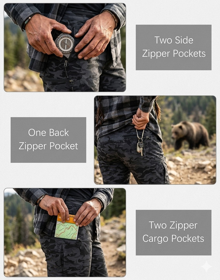 Technical features of Big Green Bear hiking shorts highlighting UPF 50+ sun protection, water-repellent finish, and lightweight quick-dry fabric.