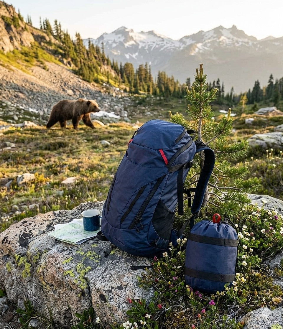 Backpack and camping gear on a rock with a bear and mountain landscape in the background