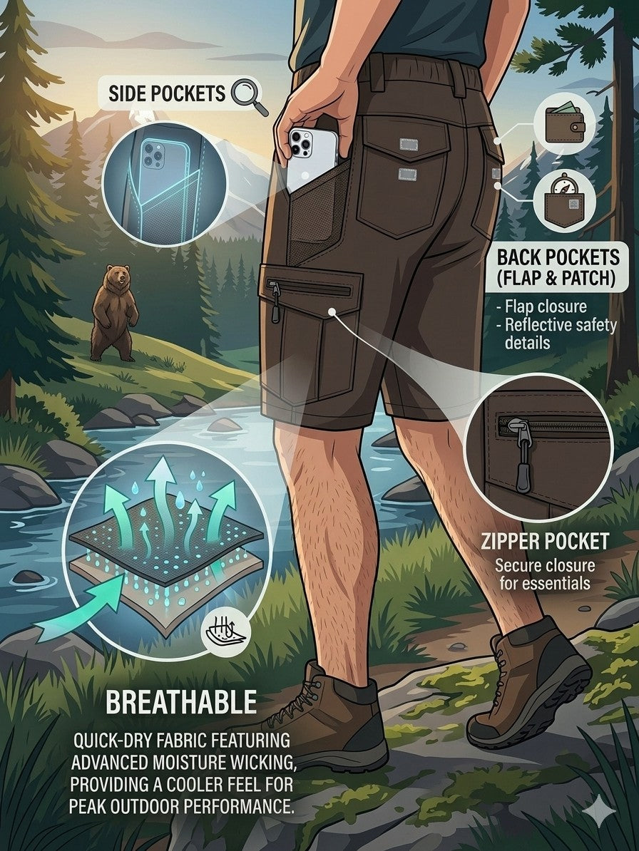 Close-up of secure zipper thigh pocket on men's tactical cargo shorts for phone and gear storage Biggreenbear.com