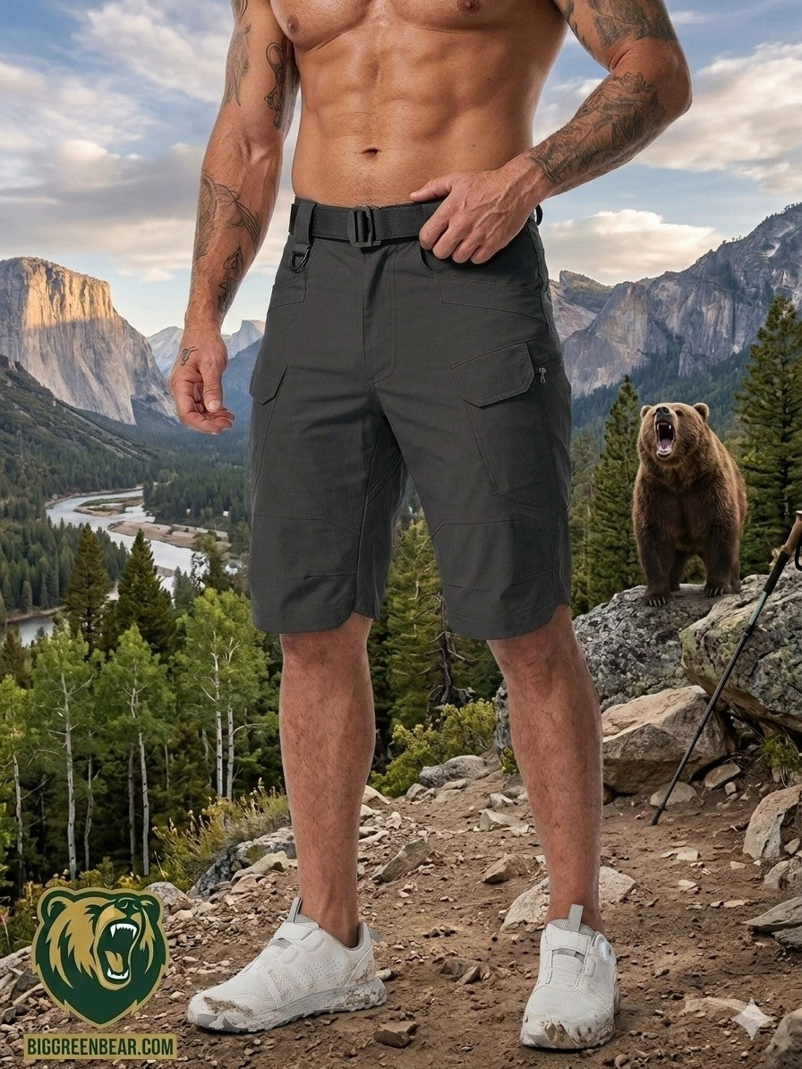 "Back view of Big Green Bear Men's Tactical Hiking Shorts in khaki, featuring water-resistant fabric and secure cargo pockets on a male hiker in a mountain setting."