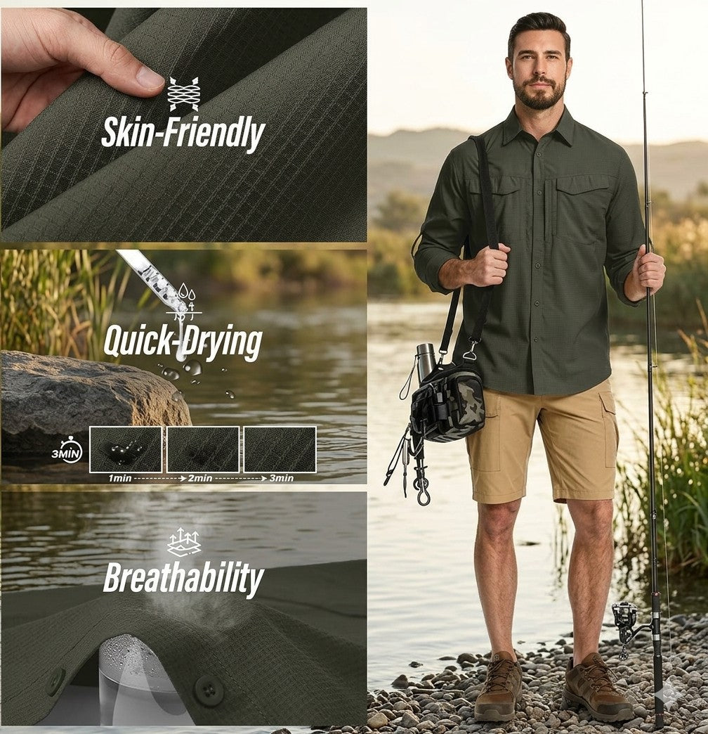 Man holding a fishing rod by a lake with text highlighting skin-friendly, quick-drying, and breathability features.
