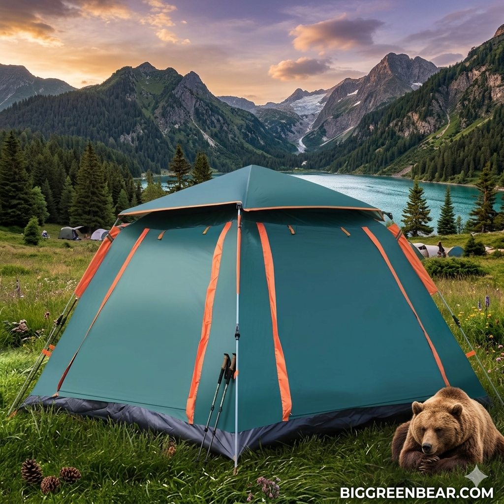 Green tent with orange accents in a mountainous landscape with a bear nearby.