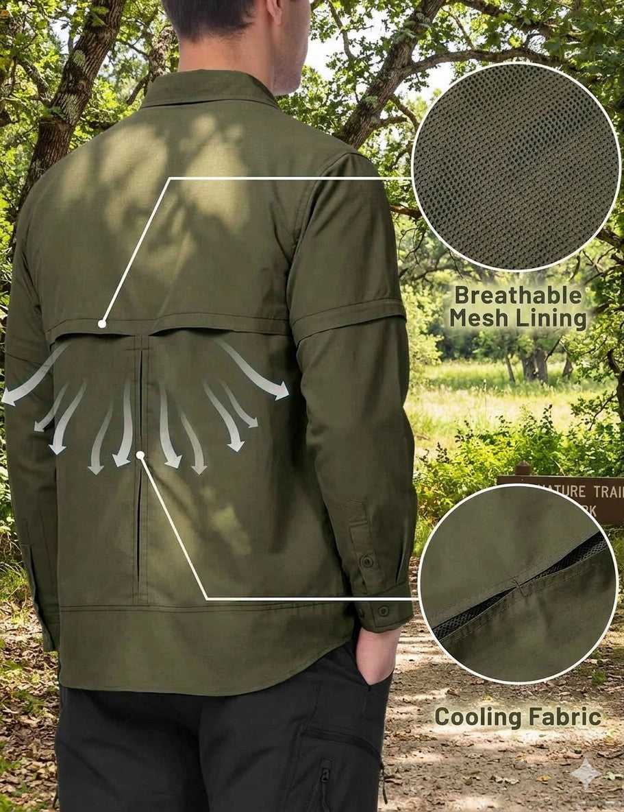 Person wearing a green jacket with breathable mesh lining and cooling fabric details, set against a natural outdoor background.