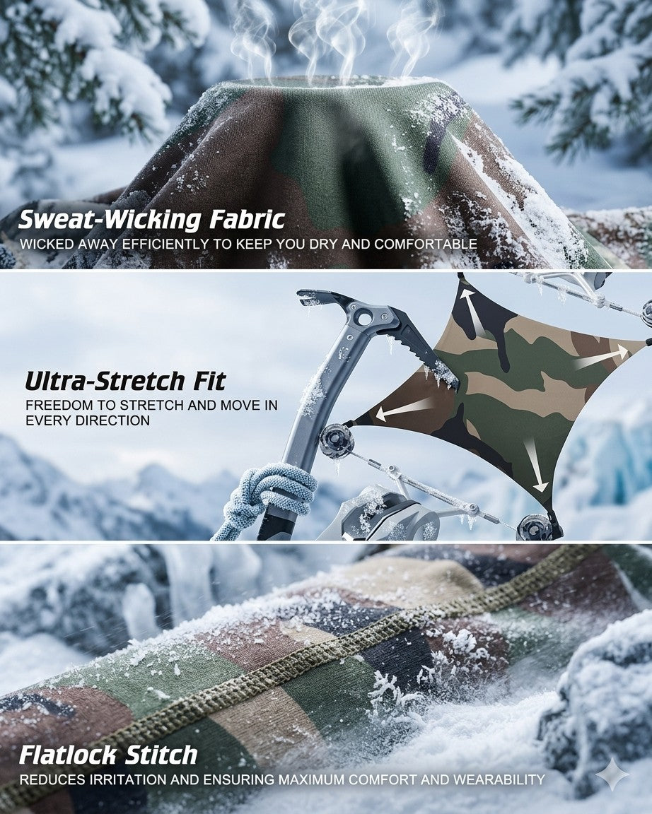 Camouflage fabric with text highlighting sweat-wicking, ultra-stretch fit, and flatlock stitch features in a snowy outdoor setting.