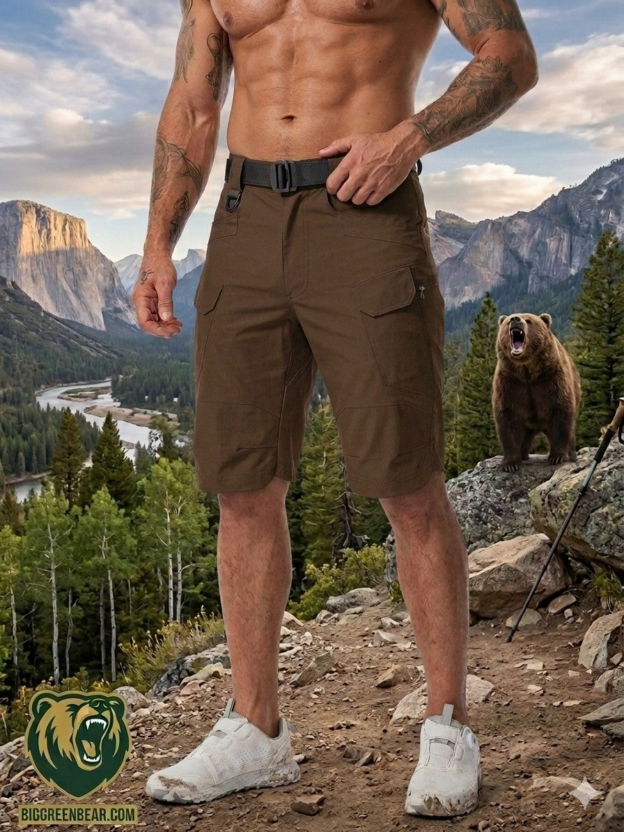 "Back view of Big Green Bear Men's Tactical Hiking Shorts in khaki, featuring water-resistant fabric and secure cargo pockets on a male hiker in a mountain setting."