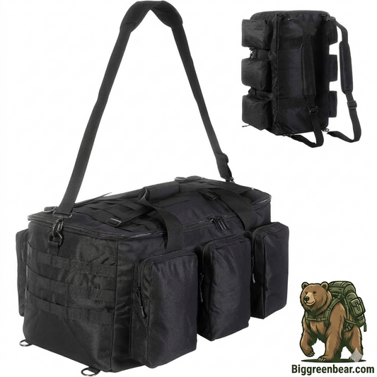 Black tactical bag with shoulder strap and multiple compartments, featuring Biggreenbear.com logo.