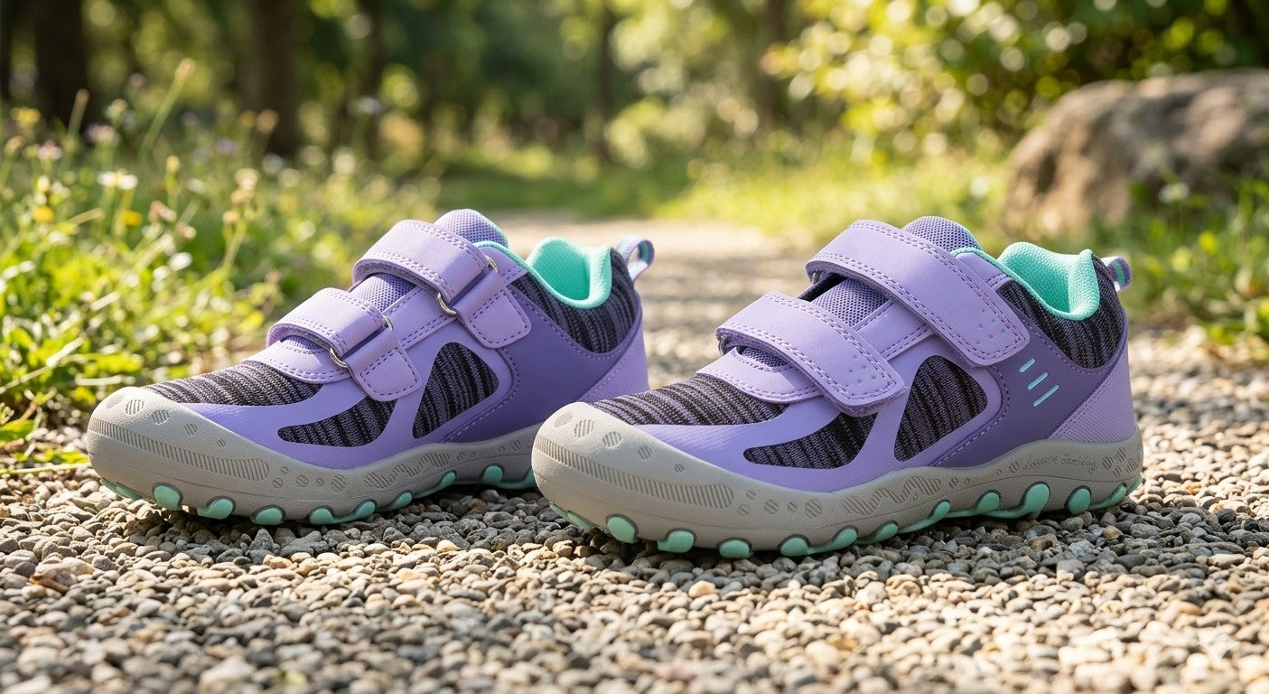 A pair of children's outdoor sneakers in lavender purple and black, featuring three hook-and-loop straps and light green accents, resting on a gravel path with a blurred green forest background. big green bear biggreenbear.com
