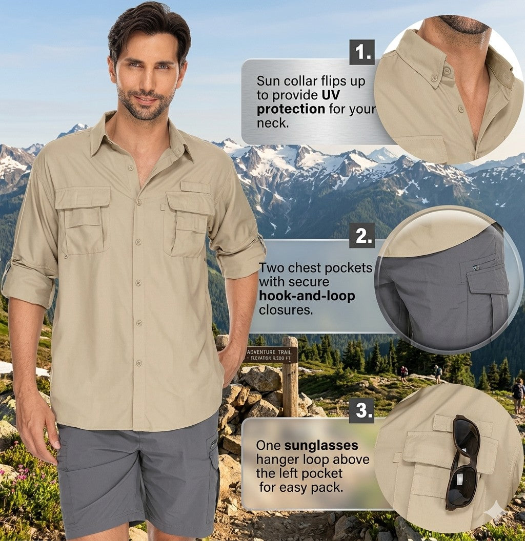 Man wearing a beige shirt with mountainous background
