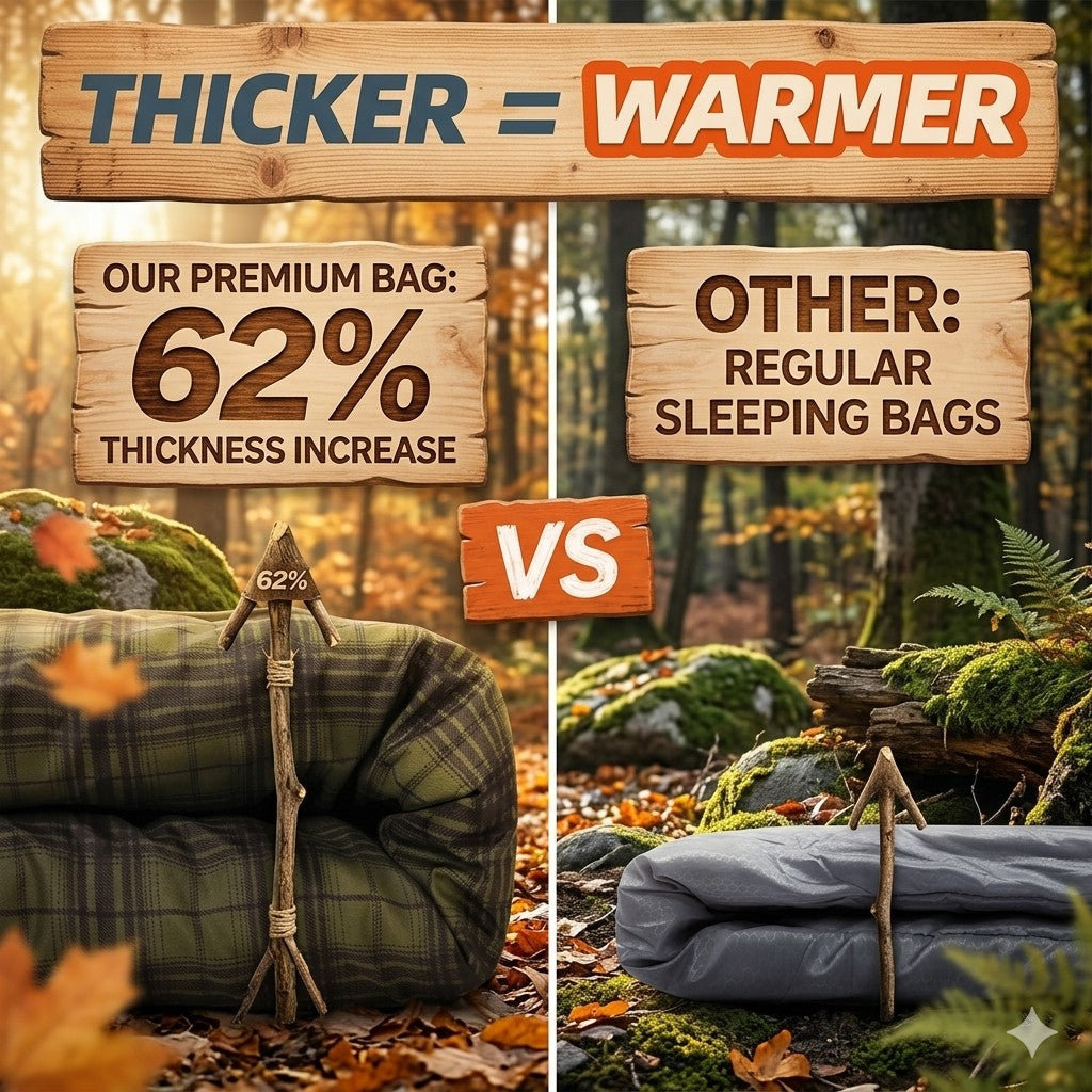 Comparison of thick and thin sleeping bags with text about thickness and warmth in a forest setting.