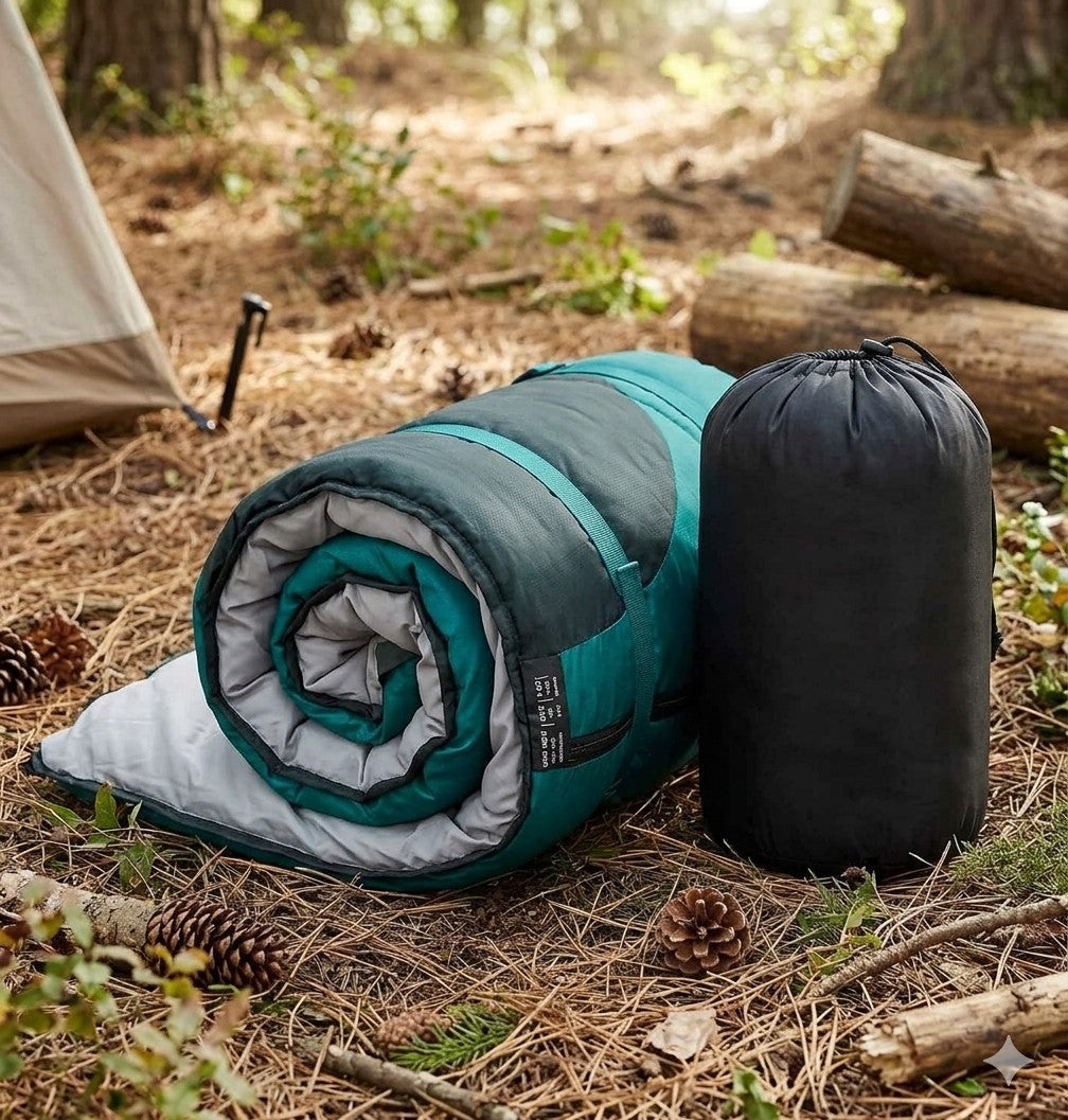 Roll-up sleeping pad and black compression sack on a camping site with a tent and logs in the background.
