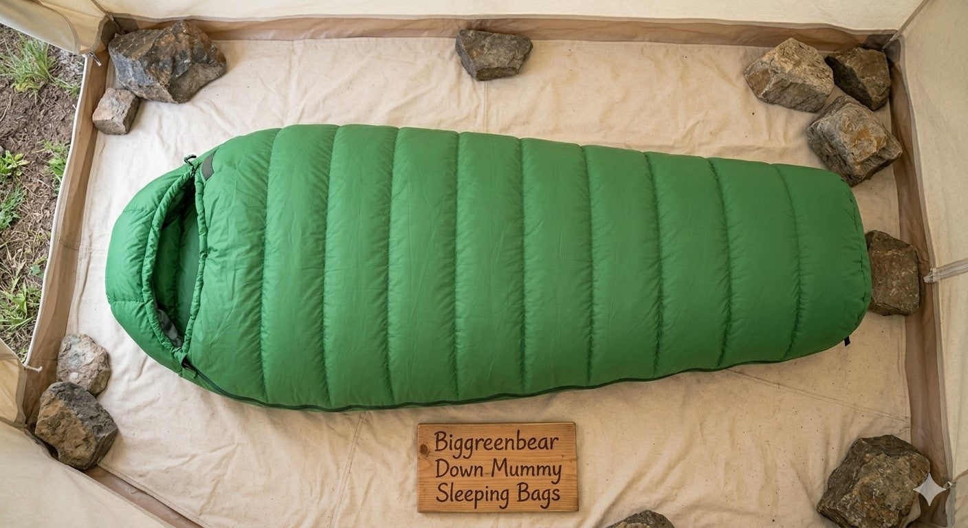 Green sleeping bag on a beige surface with rocks around, branded 'Biggreenbear'.