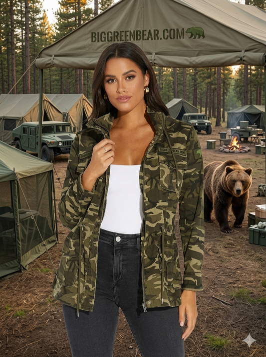 Women’s Camo Shacket: Fall Zip Canvas Jacket with Pockets