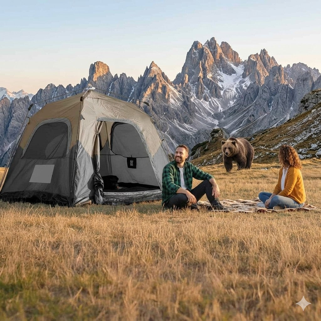 Two people sitting near a tent with a bear in a mountainous landscape