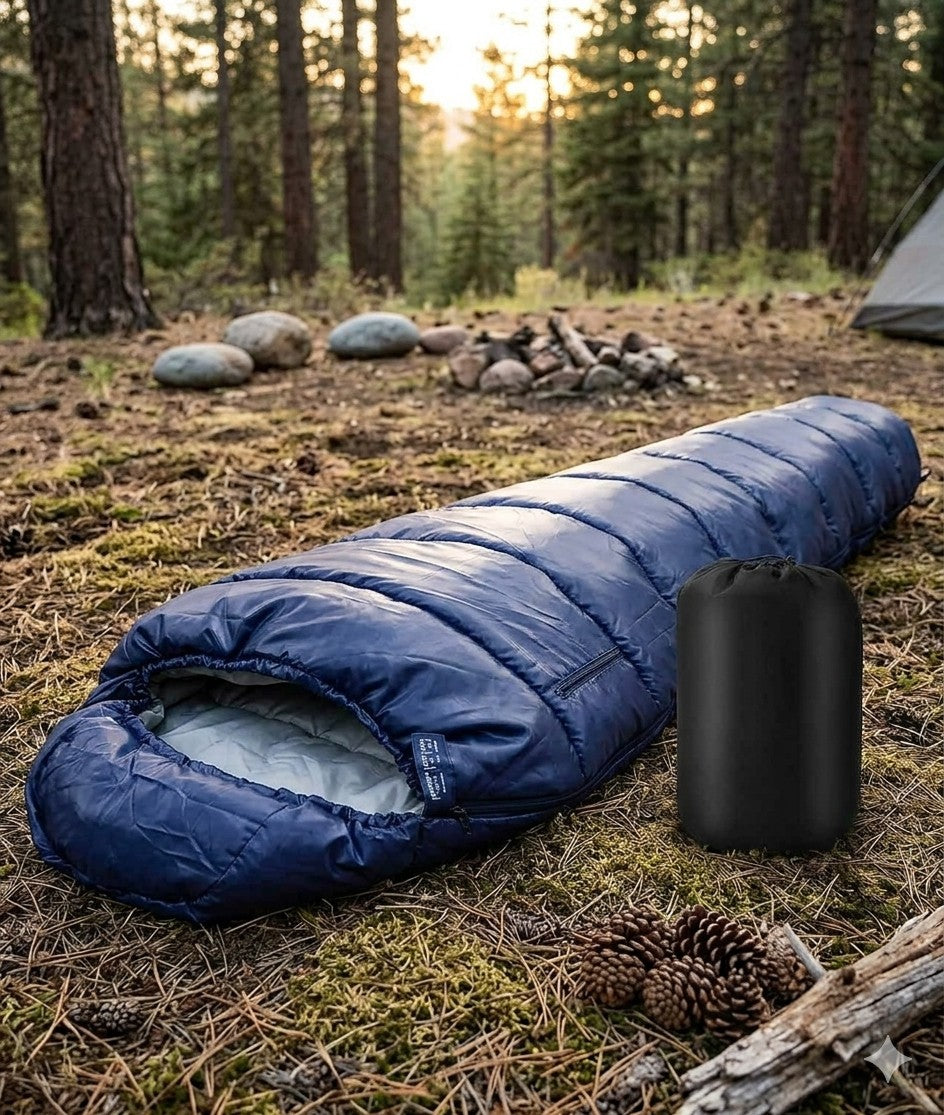 Blue sleeping bag on the ground in a forest setting with a campfire and tent in the background. Biggreenbear.com