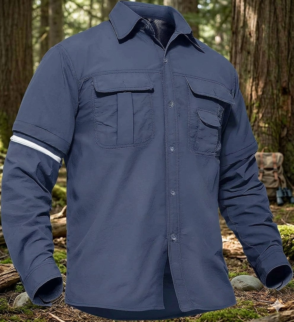 Navy blue jacket with multiple pockets on a forest background Biggreenbear.com