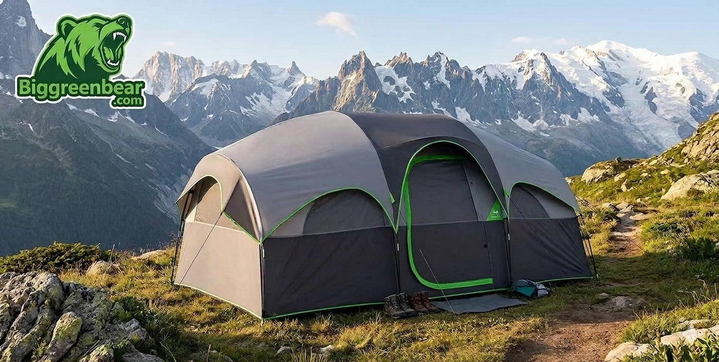 Tent on a mountain with Biggreenbear logo