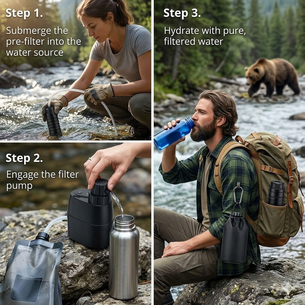 Collage of steps for using a water filter system in nature, including submerging a pre-filter, engaging the pump, and hydrating with filtered water.