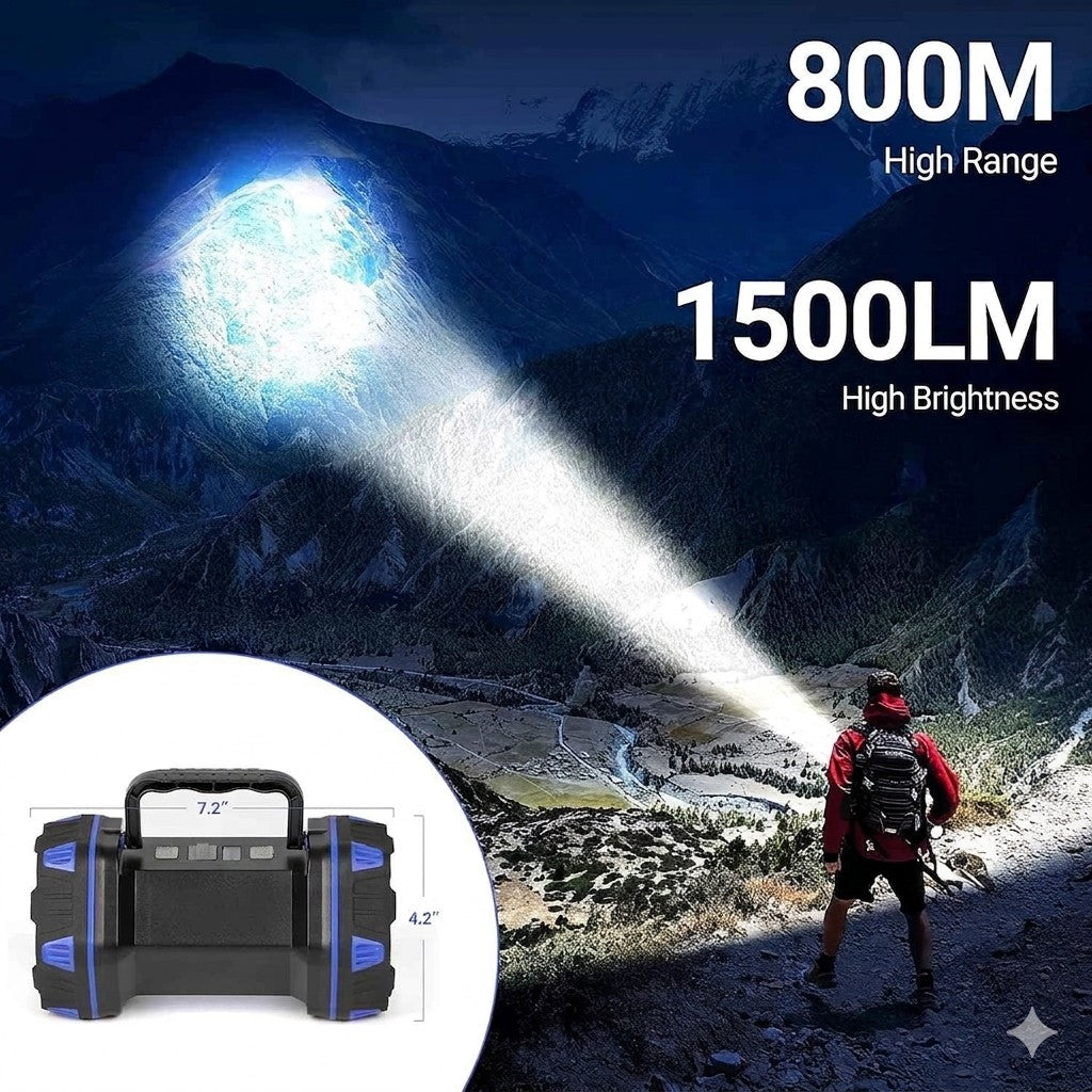 Flashlight with 800M high range and 1500LM high brightness, used by a person in a mountainous area.