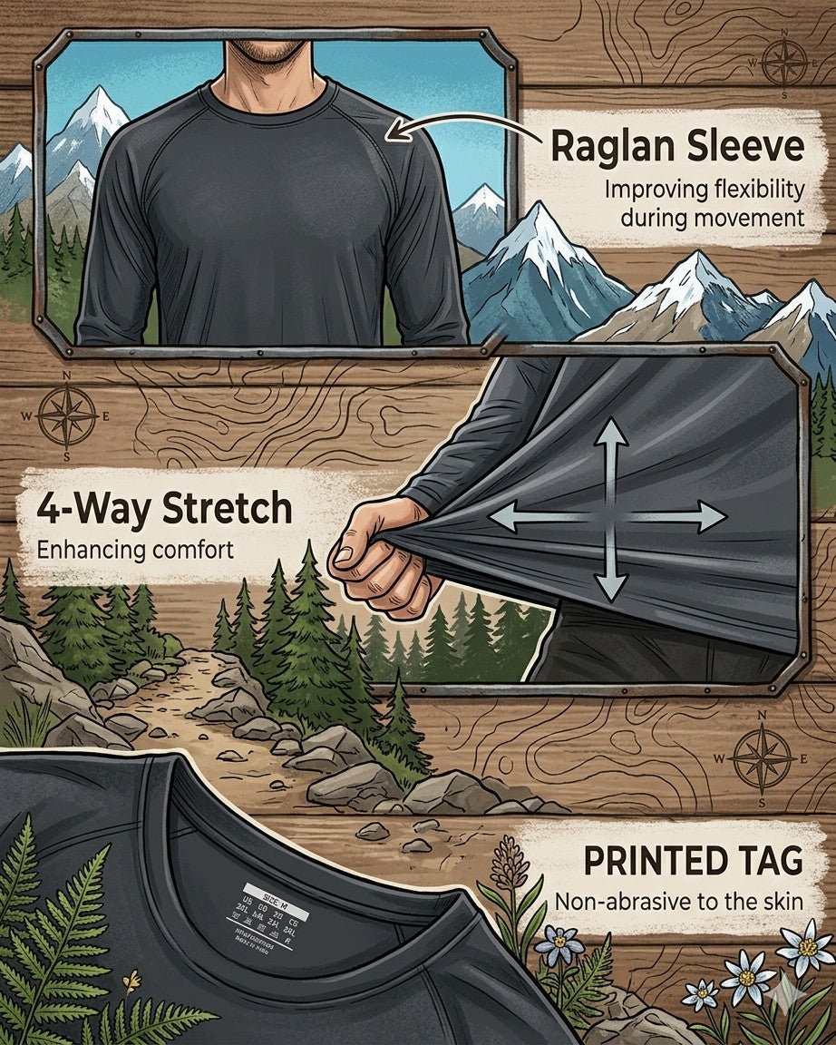 Illustration of a t-shirt with raglan sleeve, 4-way stretch, and printed tag features against a nature-themed background.