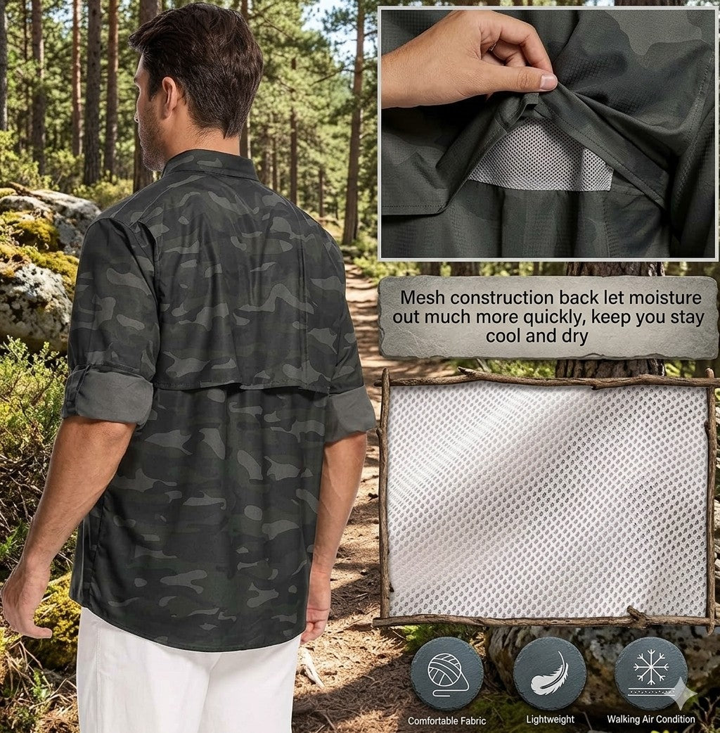 Person wearing a camouflage shirt in a forest with inset images showing mesh construction and product features.