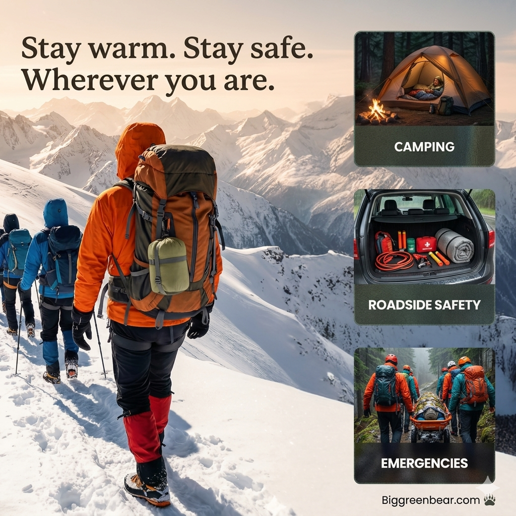 A promotional graphic for Big Green Bear emergency preparedness gear, featuring a group of mountaineers on a snowy mountain with three inset panels demonstrating use cases: camping, roadside safety, and emergencies. The text reads 'Stay warm.