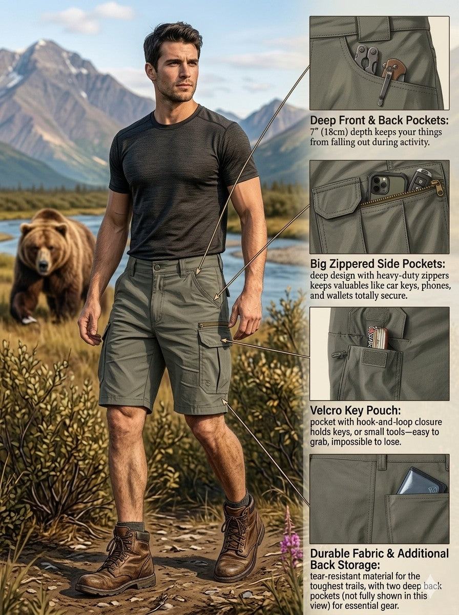 "Detail shot of the gusseted crotch and 26-panel design on Men’s Quick-Dry Hiking Shorts, highlighting range of motion."