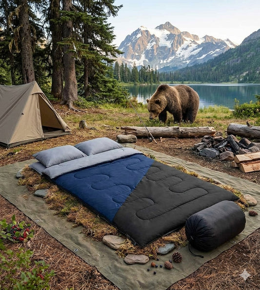 Camping scene with a sleeping bag, tent, and bear near a lake and mountains. Big Green Bear