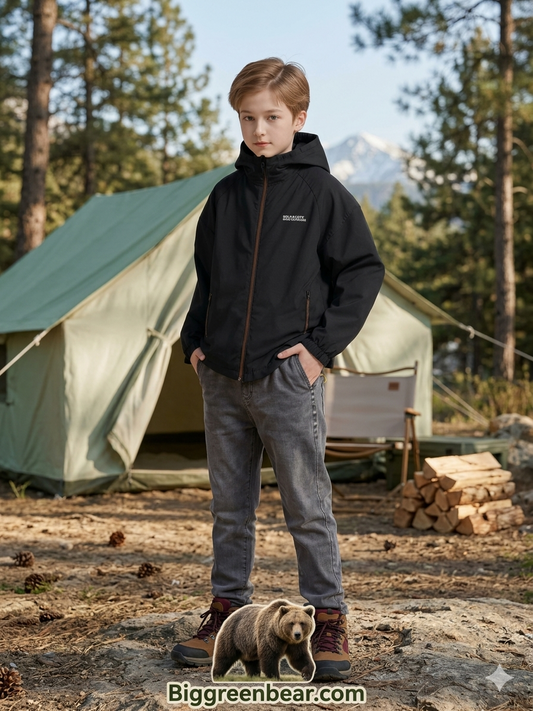 Young boy in a black jacket standing outdoors with a bear plush toy, near a tent and wooden chairs. Biggreenbear.com