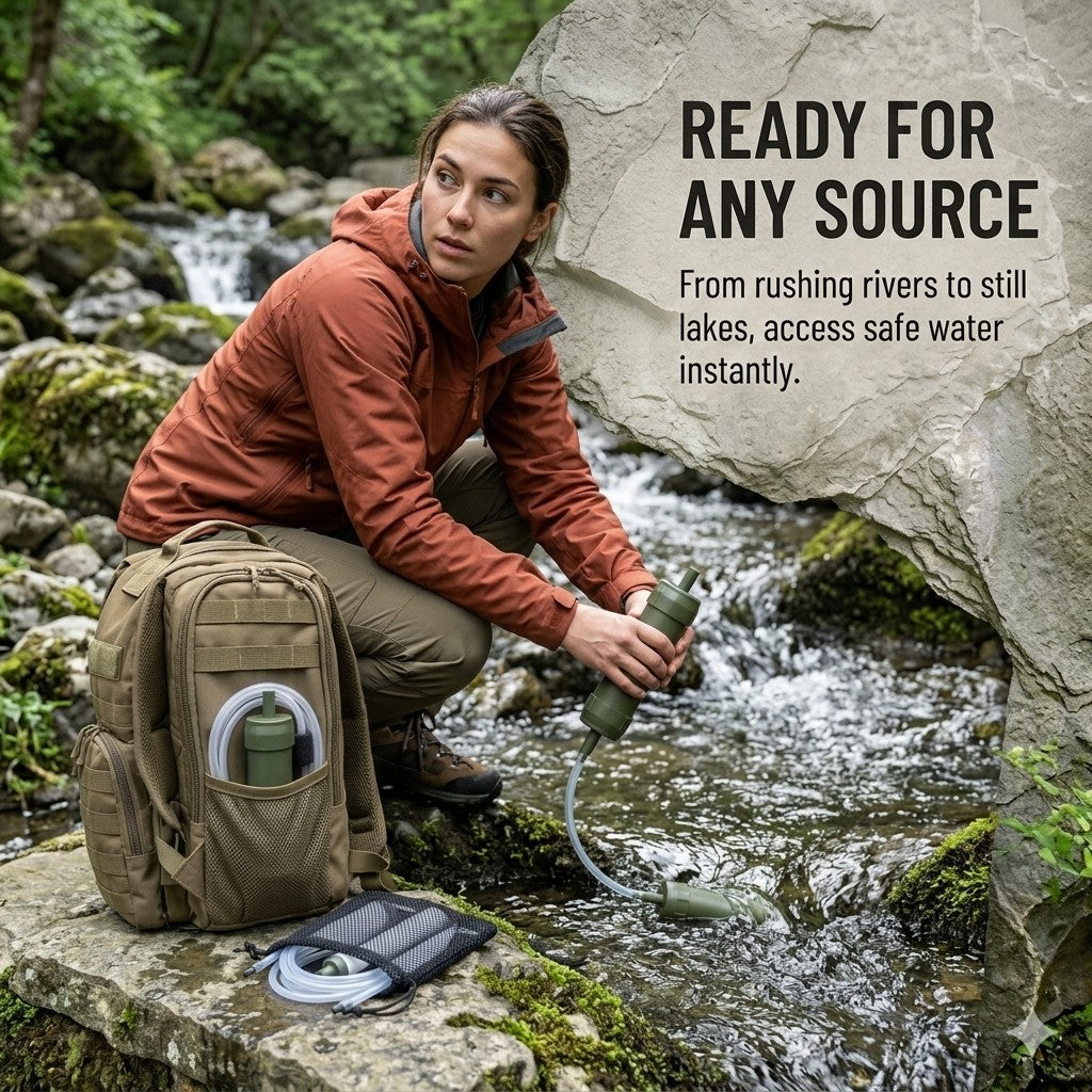 Person in outdoor setting with water filtration system, surrounded by nature.