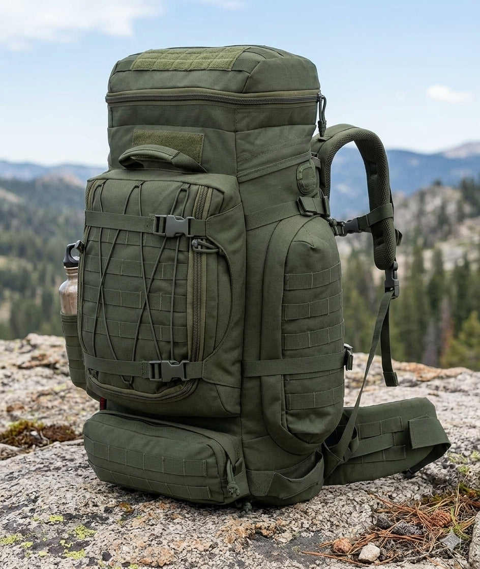 An olive green tactical backpack with MOLLE webbing and compression straps, shown sitting on a rocky mountain ledge with a forest and mountains in the background. big green bear biggreenbear.com