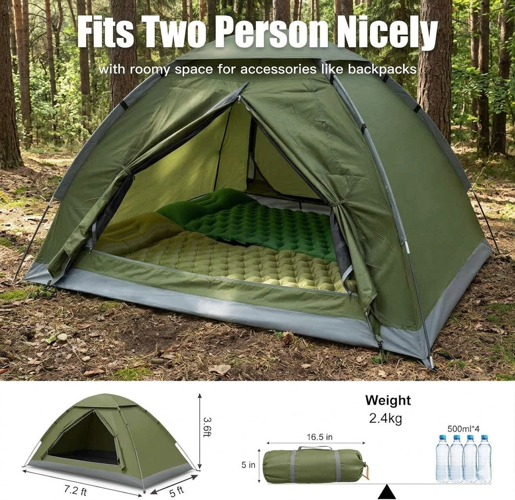 Green camping tent with dimensions and weight information displayed in a forest setting.