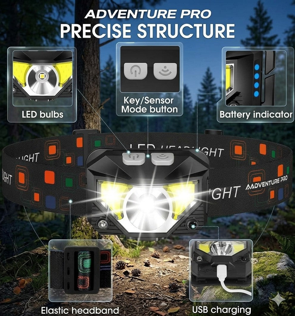 Headlight with features highlighted on a dark forest background