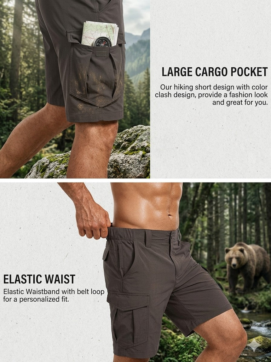 Close-up of secure zipper thigh pocket on men's tactical cargo shorts for phone and gear storage